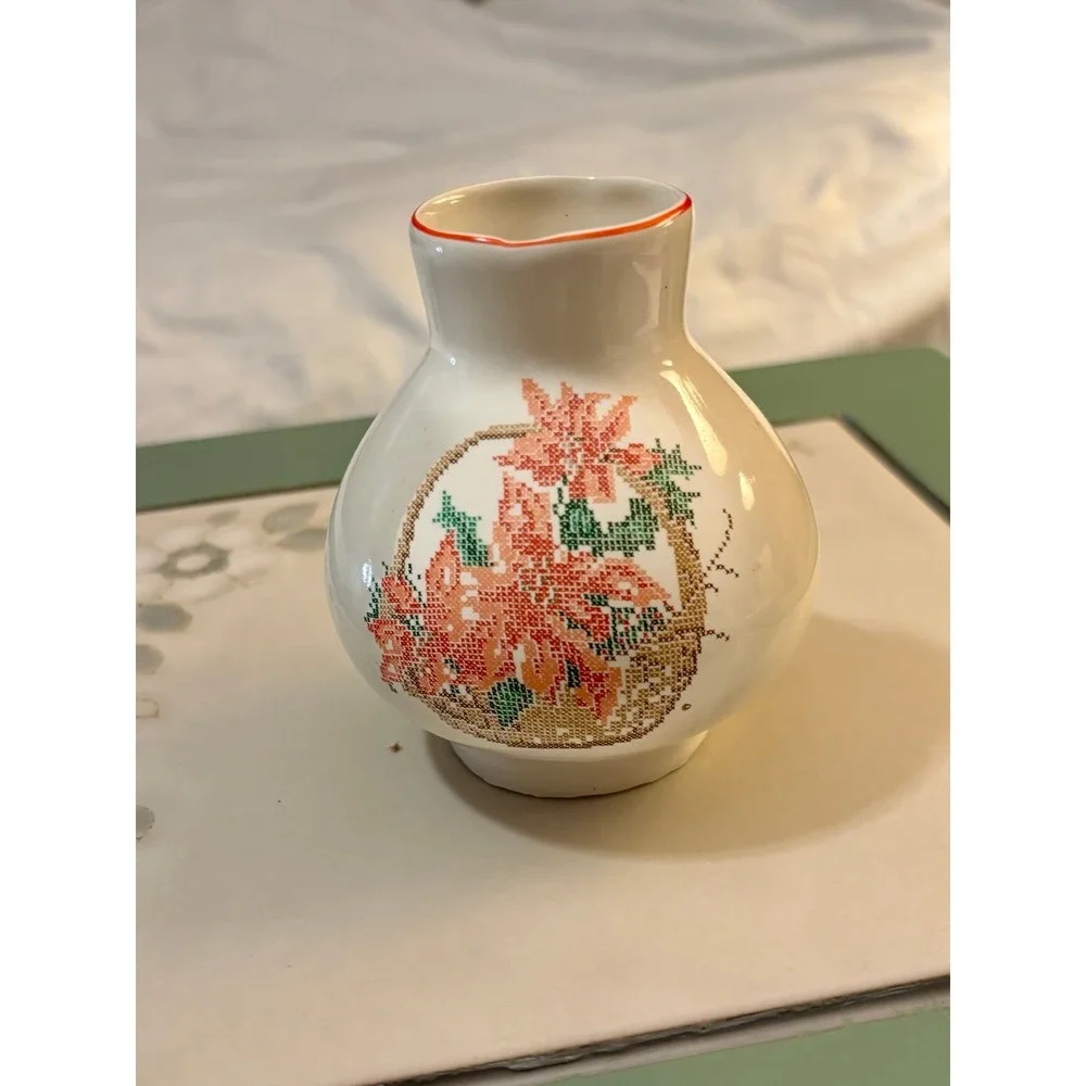 Vintage Charming bud vase with cross-stitch design of flower